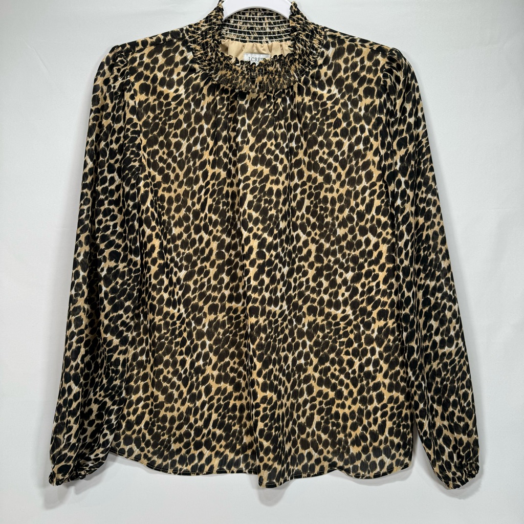 J. Crew Leopard Print Long-Sleeve Mock Ruffle Neck Women's Size Xs Shirt Blouse